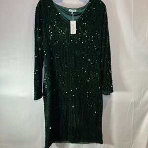 NWT In'Voland Womens 14W Sequin Bodycon Dress Emerald Green Long Sleeve